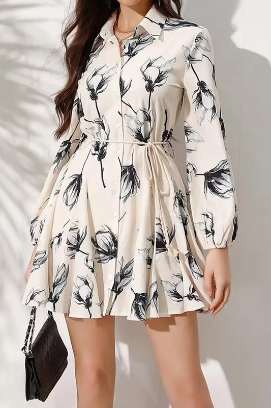 Floral A-line dress for women with long sleeves and cinched waist; perfect for casual outings. Buy A-line dresses for women.