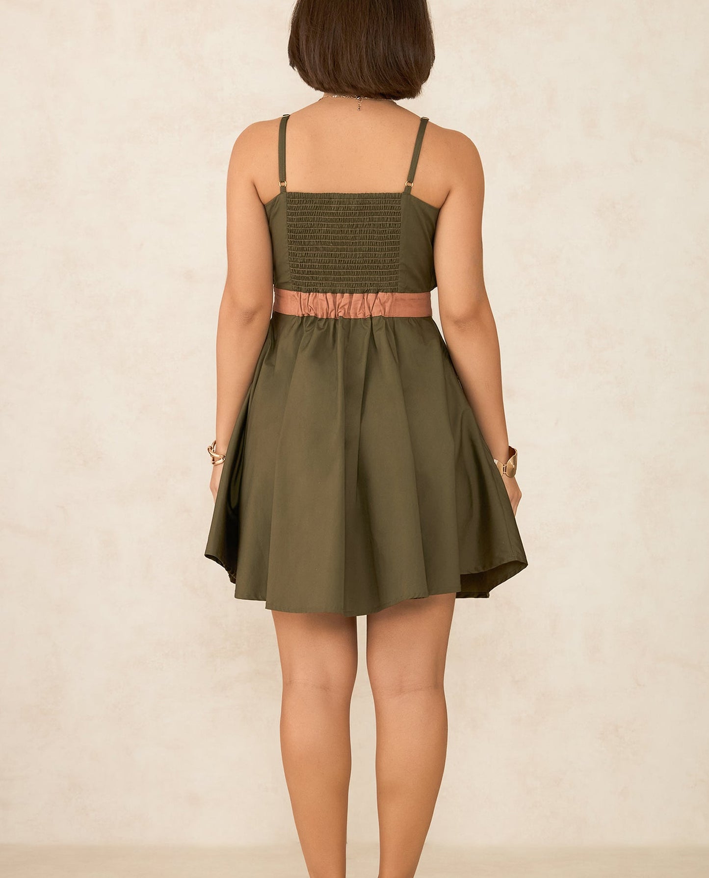 Back view of a chic olive green summer dress from Dirty Labels perfect to buy summer dresses India