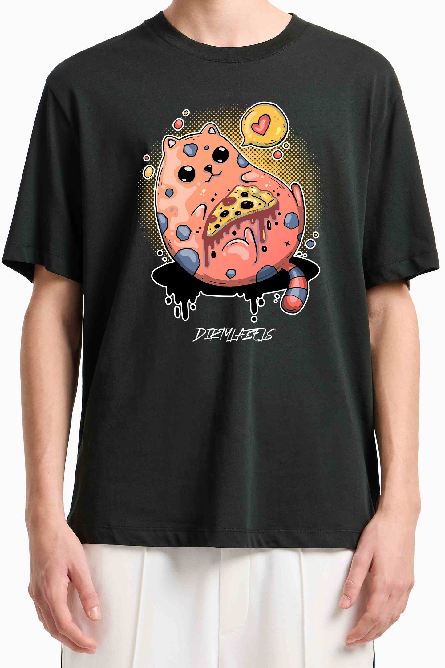 Quirky cat t-shirt featuring a cute cat eating pizza on a black background