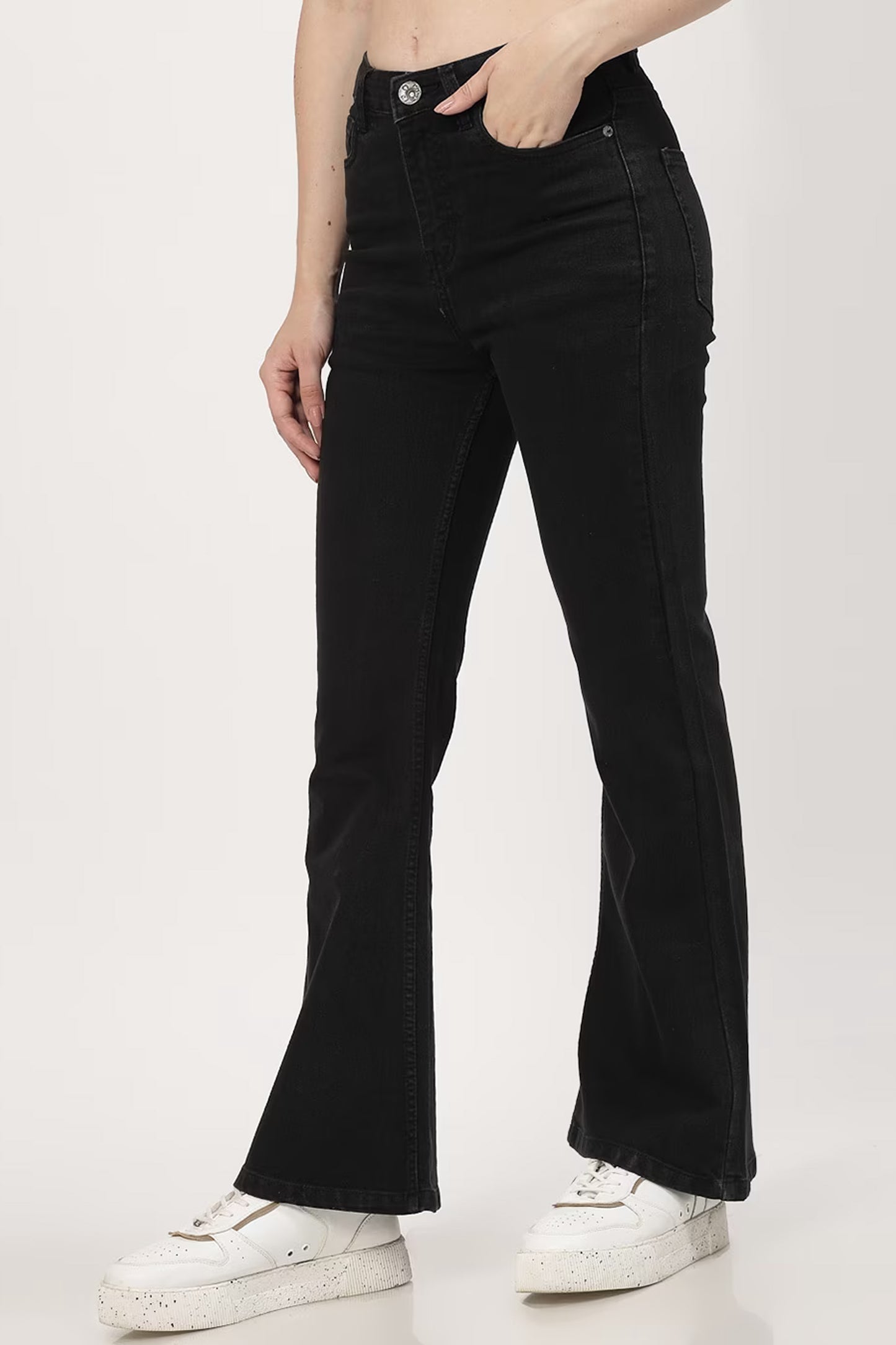 Dirtylabels women's black bootcut jeans featuring a high waist and a fitted silhouette