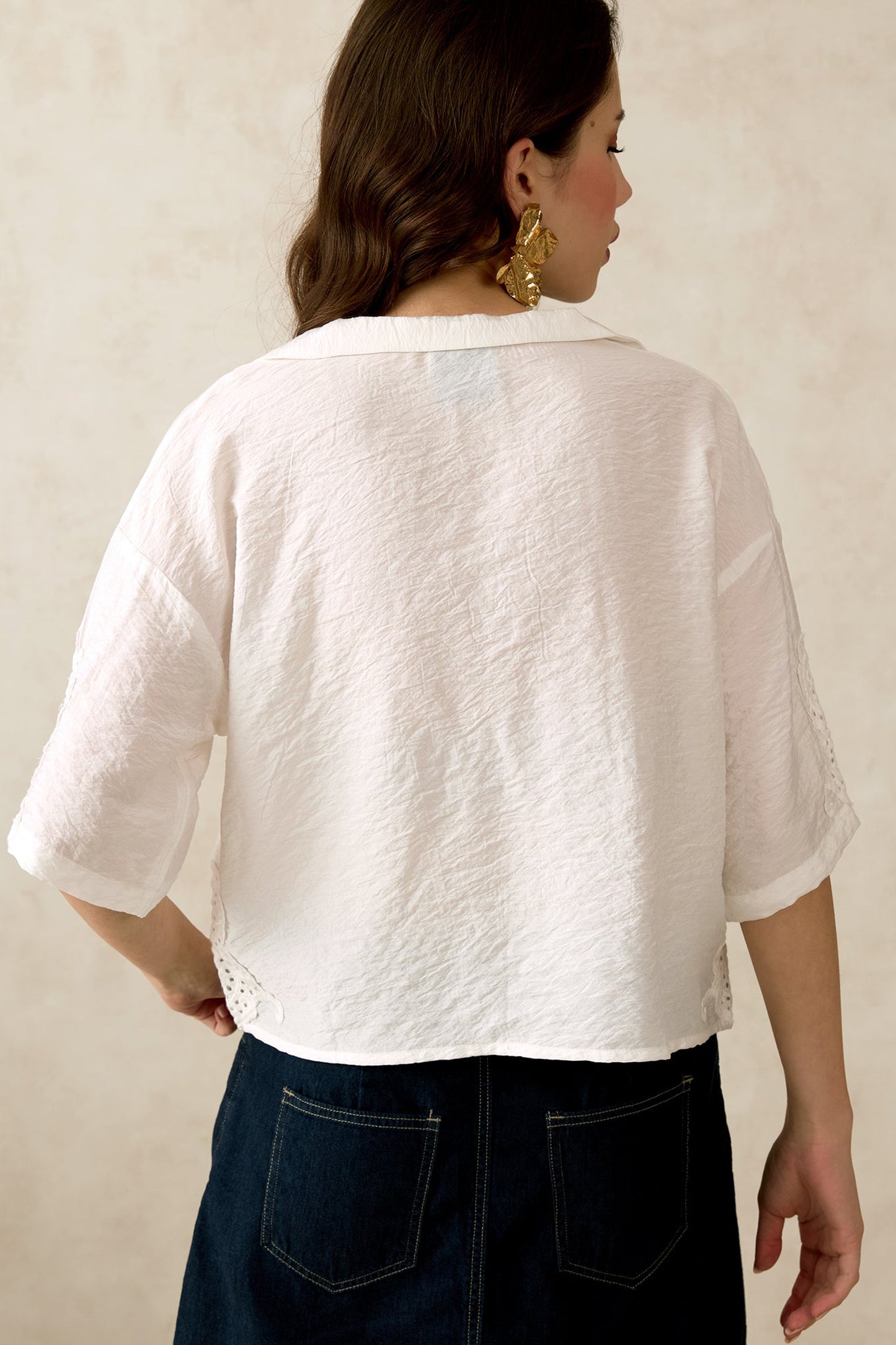 White Lace Patch Crop Shirt