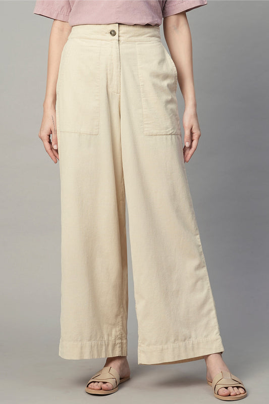 Women's Corduroy Offwhite 100% Cotton Regular Fit Culotte