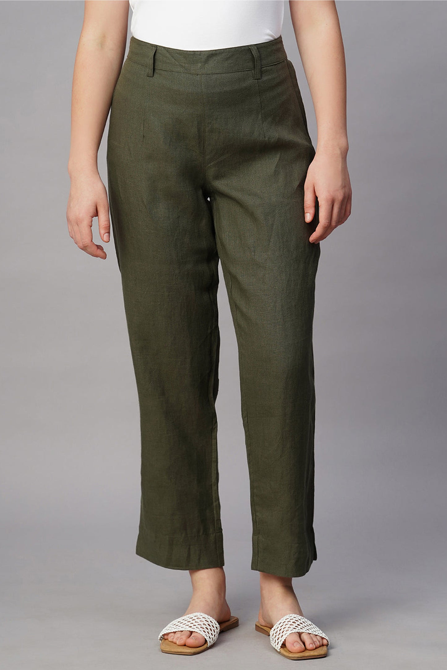 Women's Olive Linen Regular Fit Pant