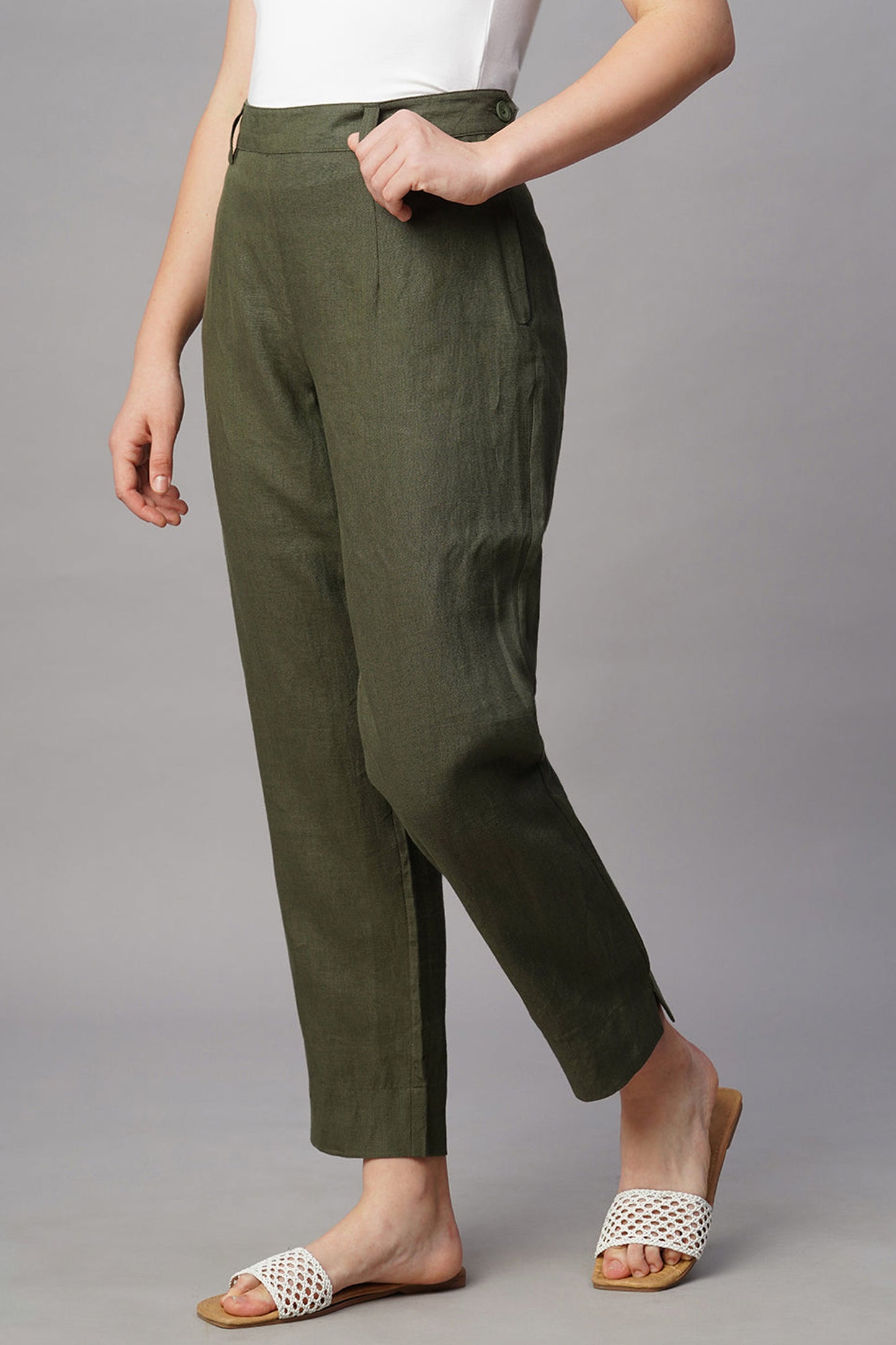 Women's Olive Linen Regular Fit Pant