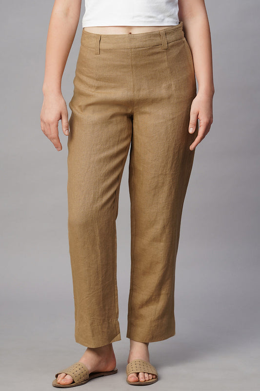 Women's Khaki Linen Regular Fit Pant