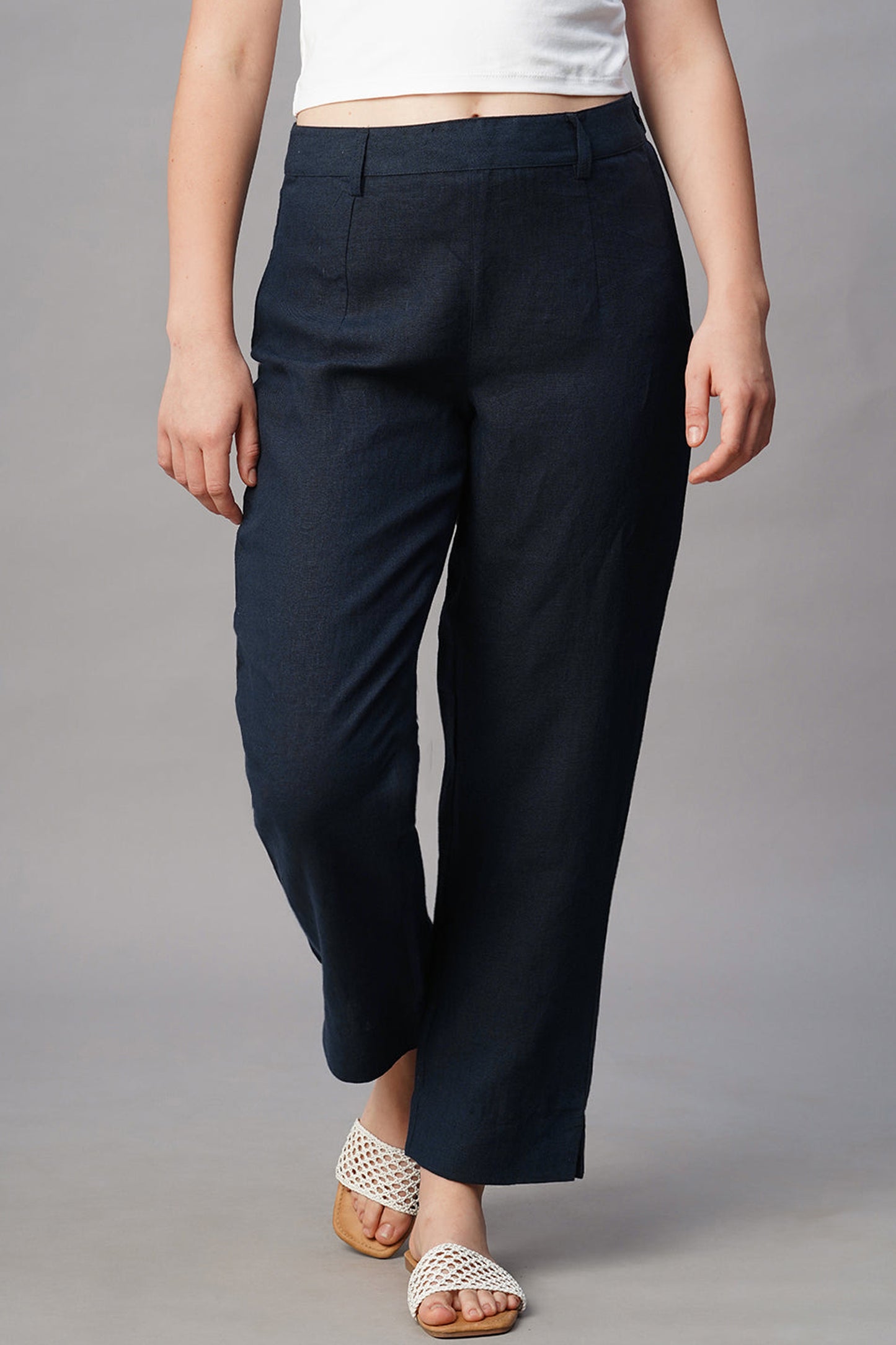 Women's Navy Blue Linen Regular Fit Pant