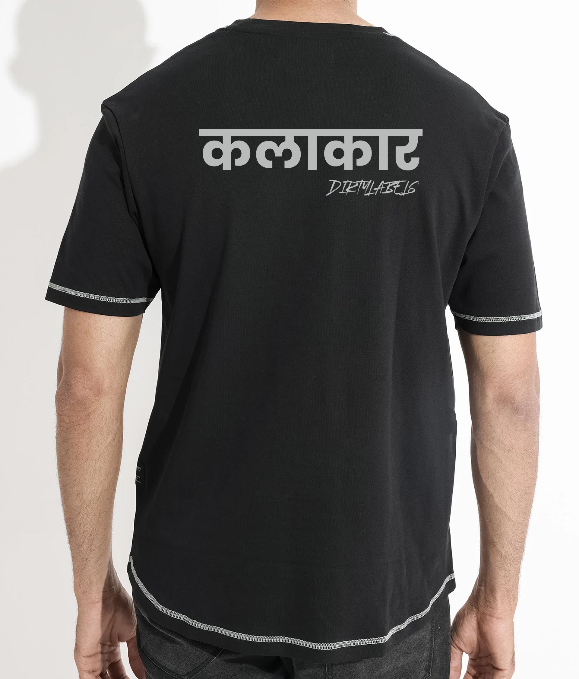 Black artistic graphic tee men by Dirtylabels featuring unique back design and stylish stitching