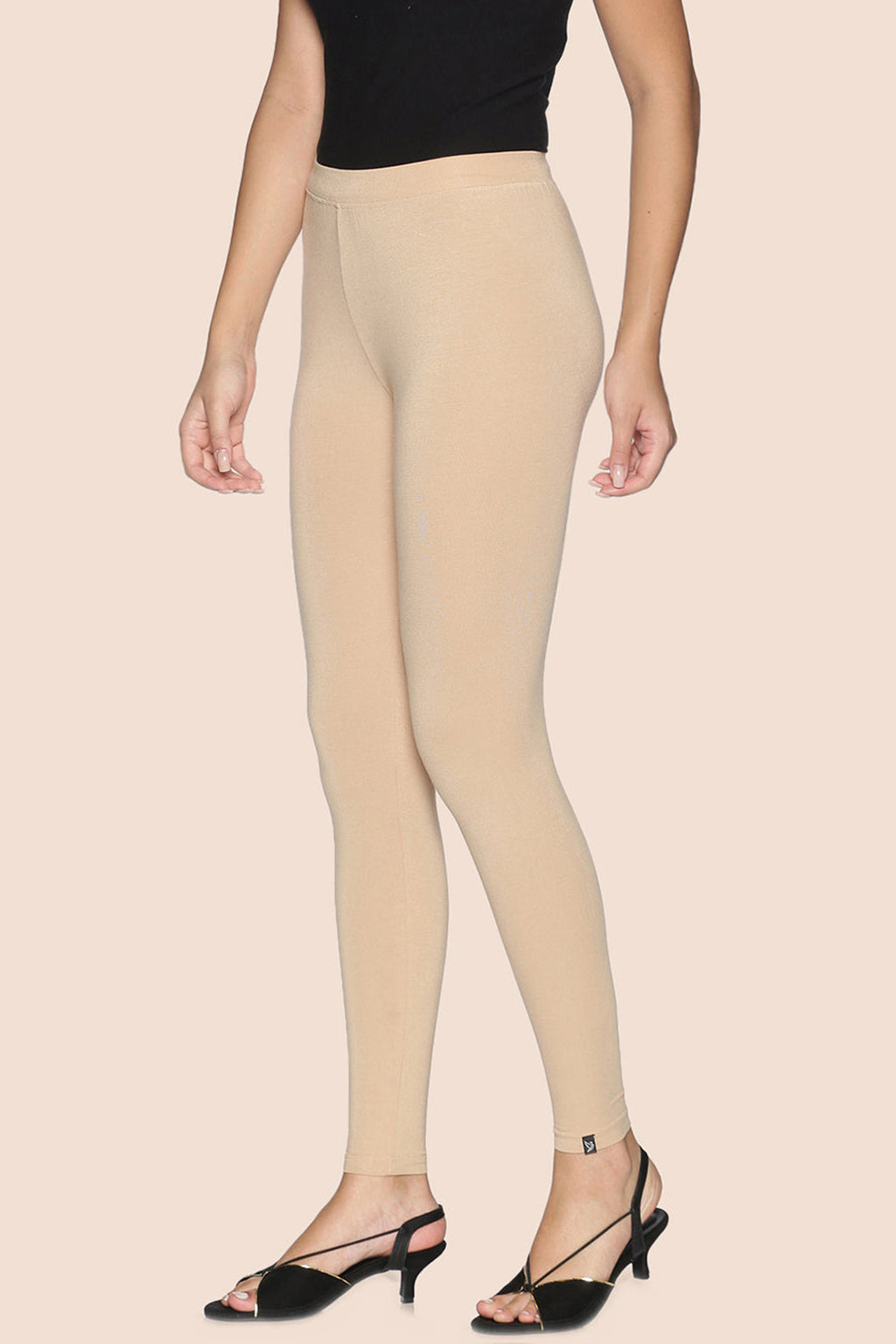 Beige cotton ankle leggings for women, perfect for casual wear and comfort