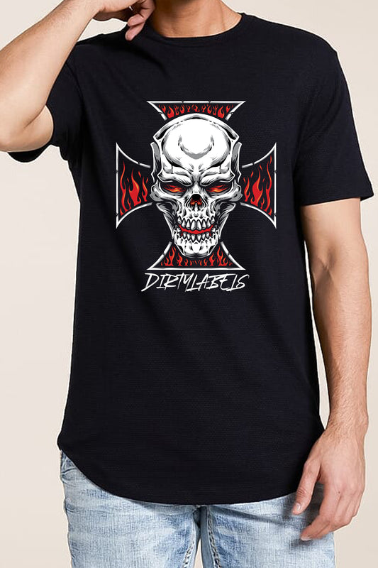 Dirtylabels Biker Skull T-Shirt featuring a bold skull graphic on a black background