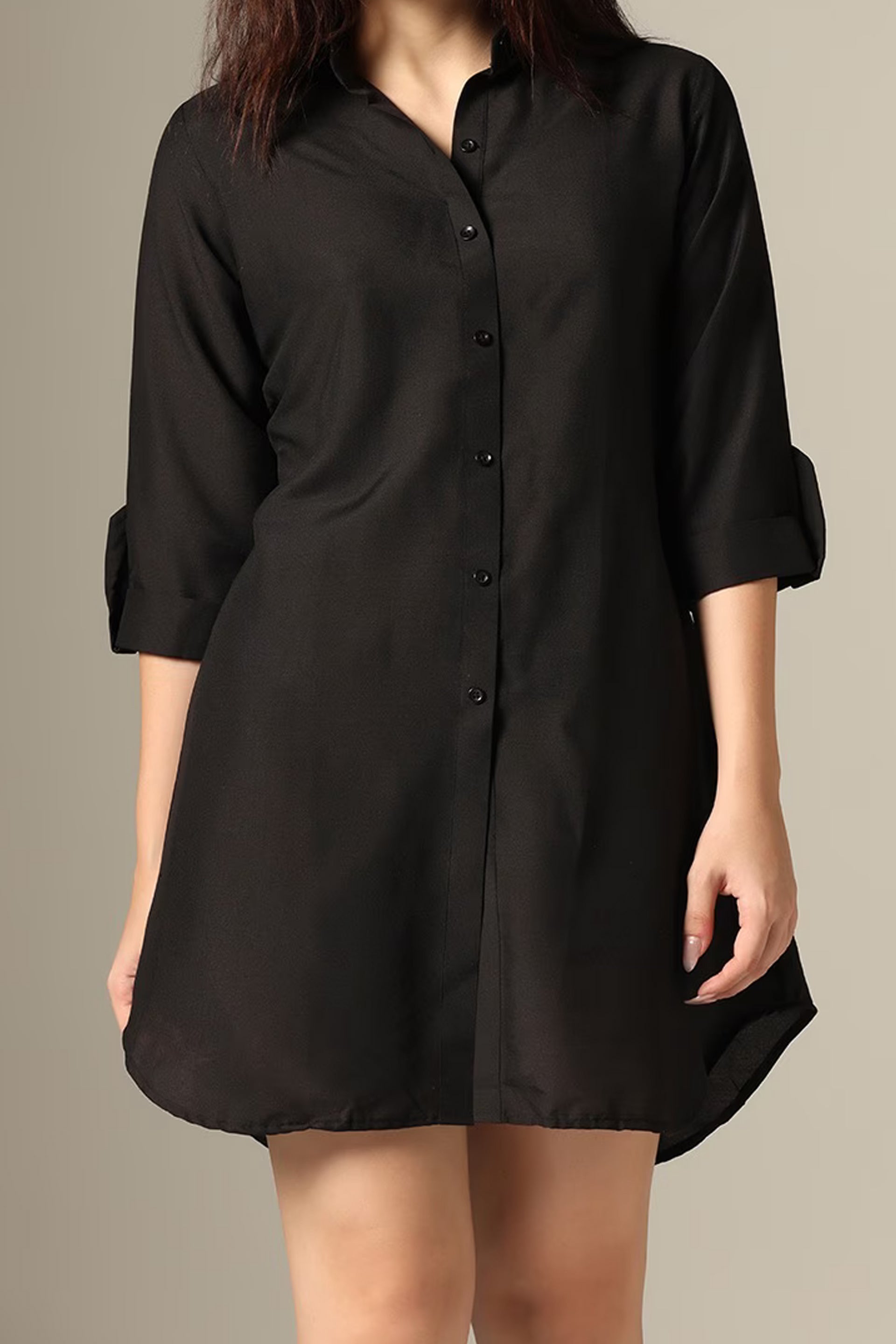 Stylish black shirt dress for women with button closure and rolled sleeves for a chic look