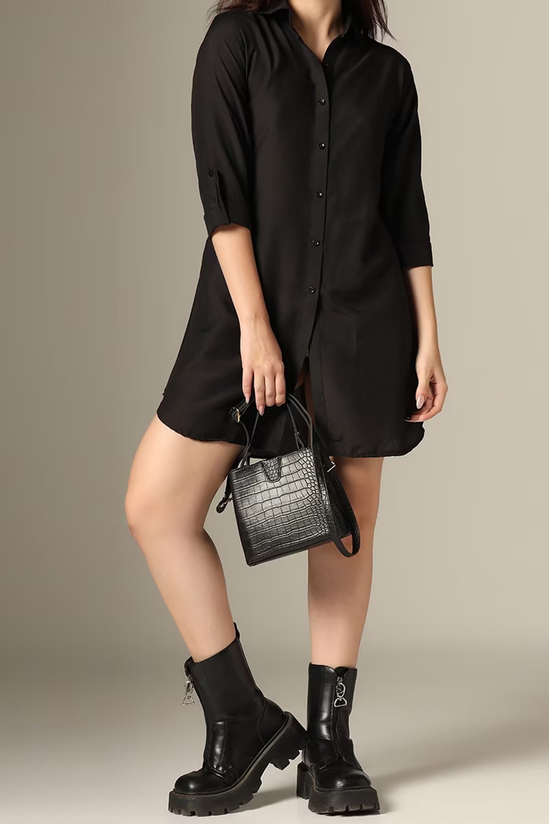 Chic black shirt dress for women with three-quarter sleeves and a relaxed fit