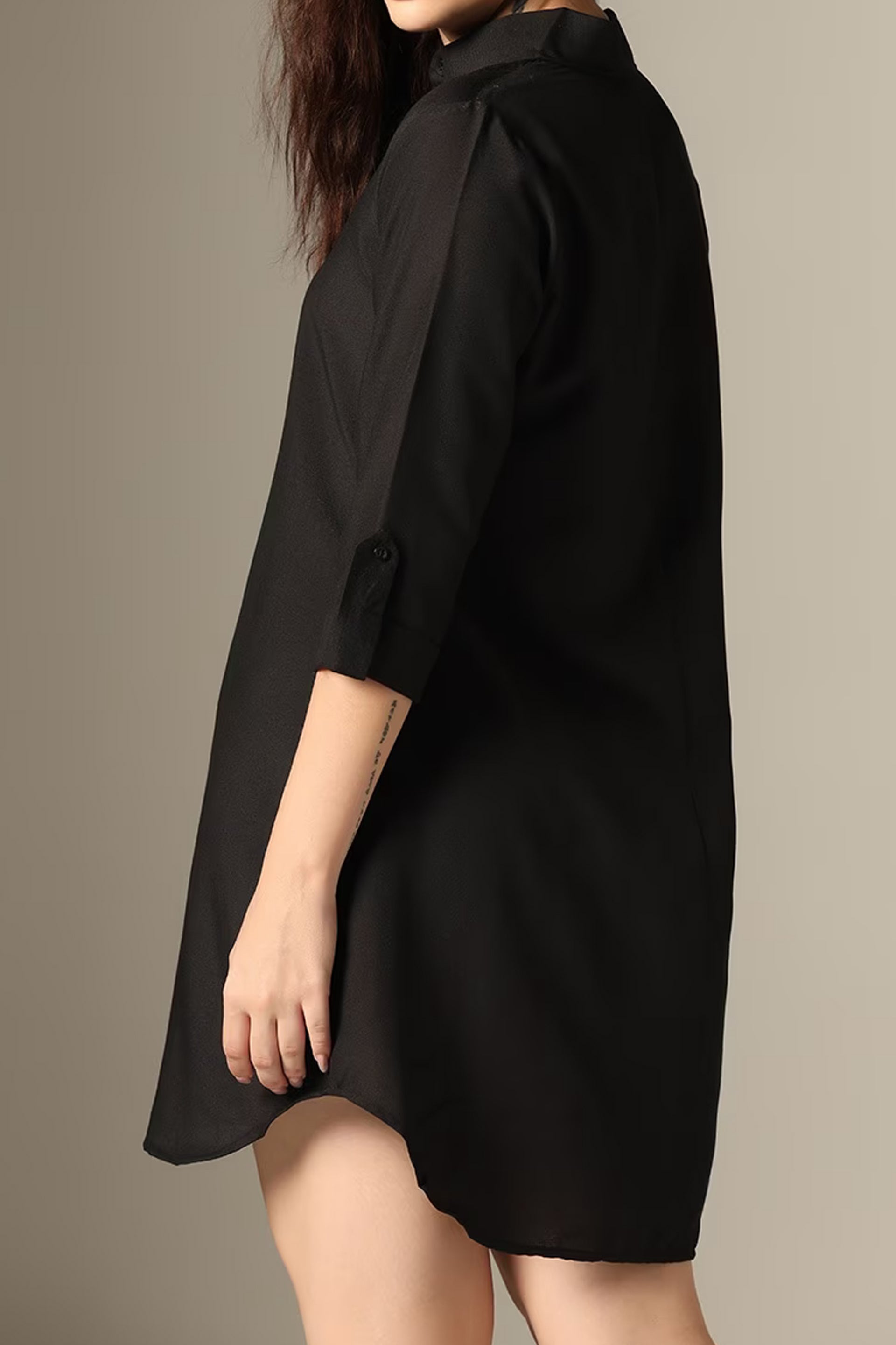 Stylish black shirt dress for women with roll-up sleeves and a relaxed fit