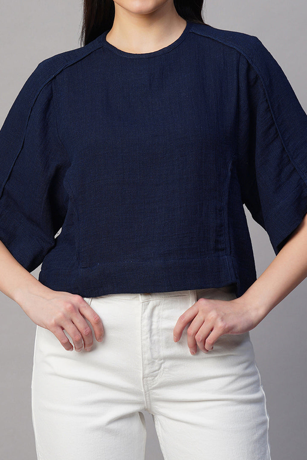 Navy boxy fit blouse for women with wide sleeves and a relaxed silhouette