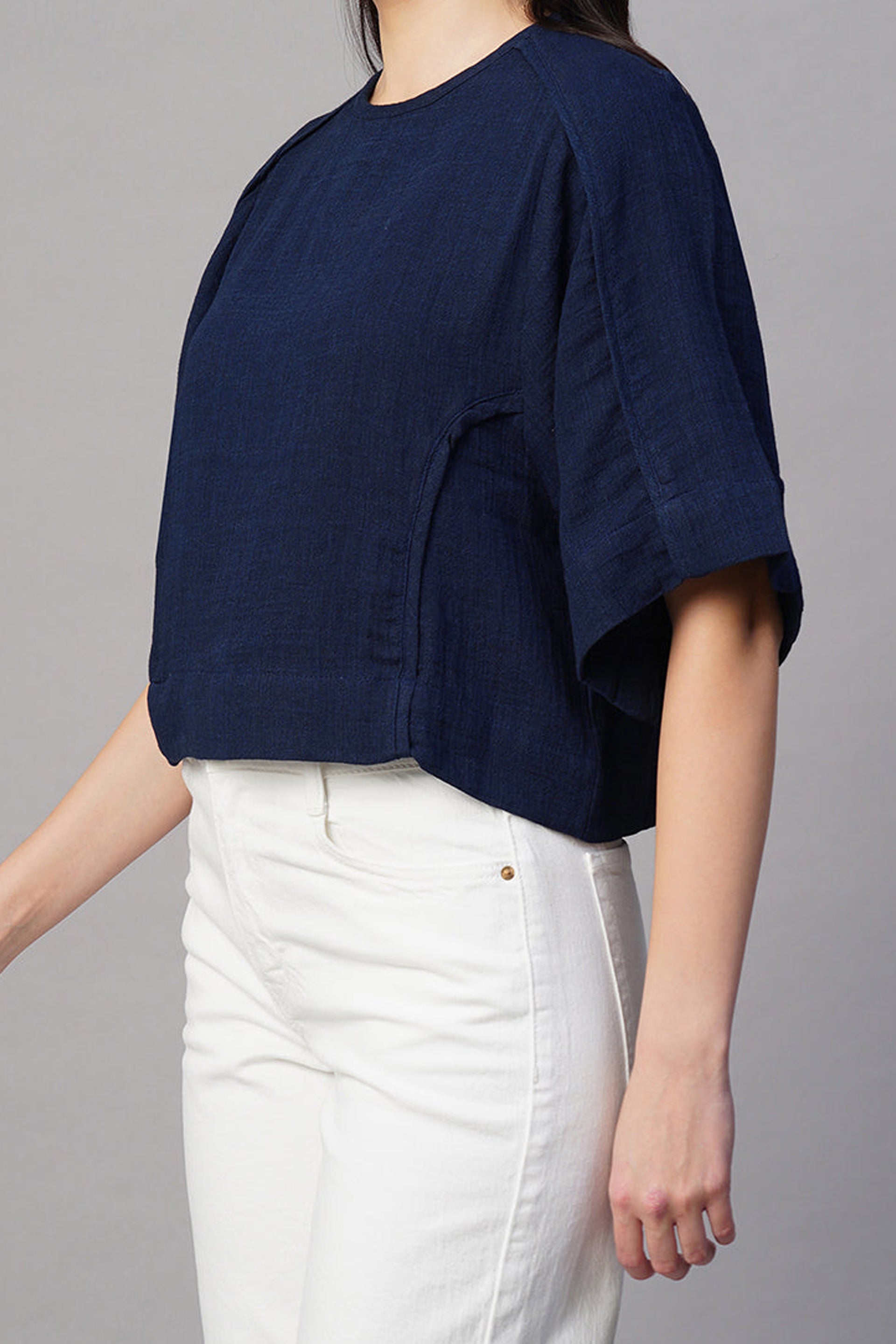 Navy blue boxy fit blouse for women with a relaxed silhouette and short sleeves