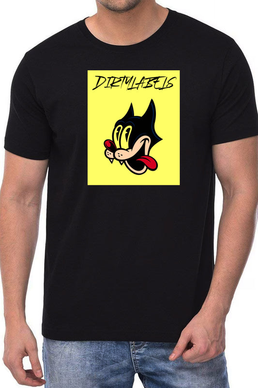 Dirtylabels Men's Black T-shirt featuring a colorful cat graphic, perfect for casual wear for men India.