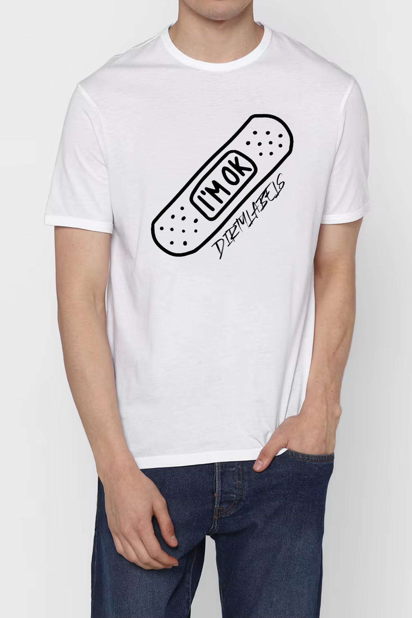 Dirtylabels white t-shirt featuring a playful I'm OK bandage design, perfect comfortable streetwear for men.