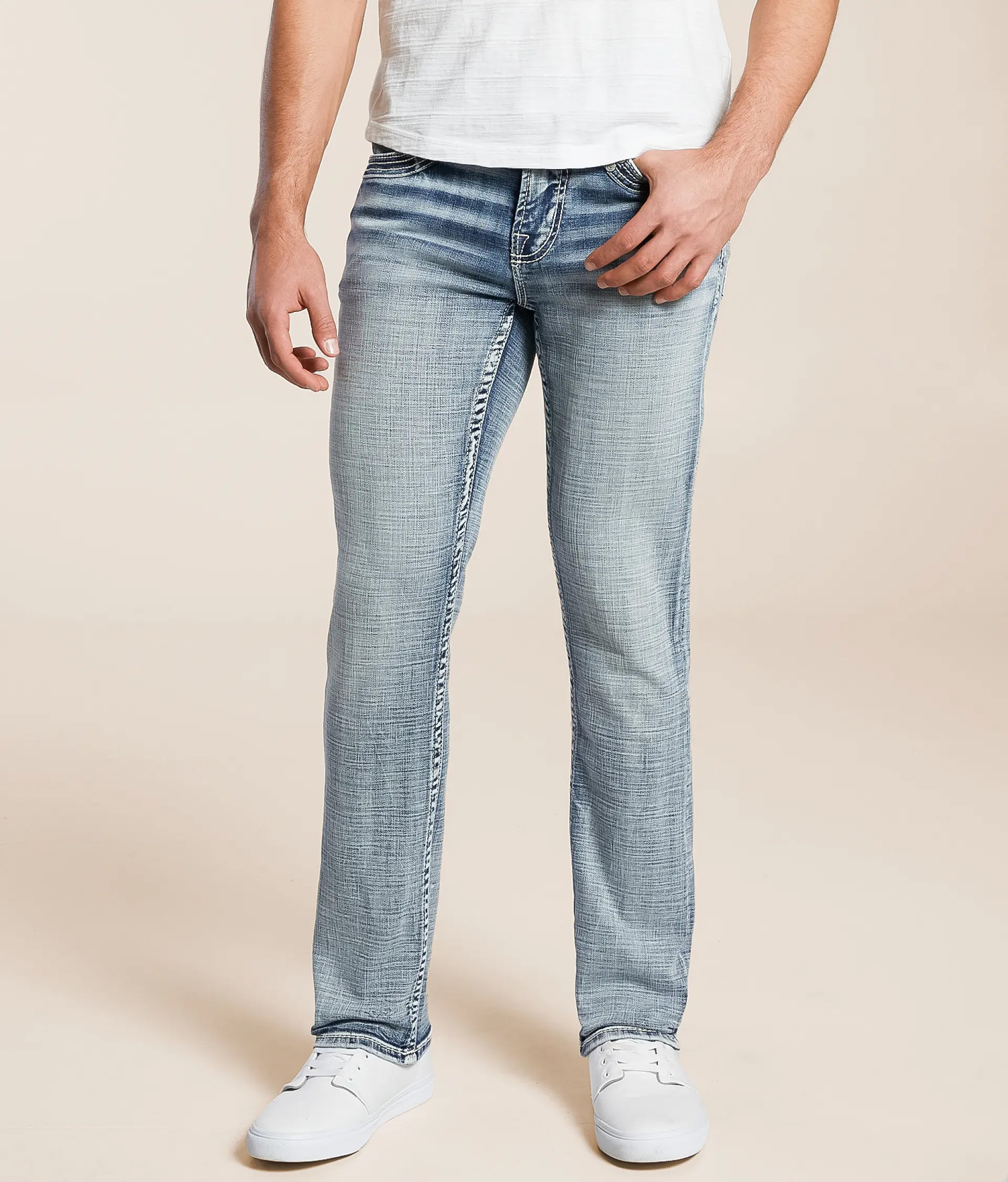 Men wearing light wash Tapered Stretch Jeans for Men with a slim fit and comfortable design