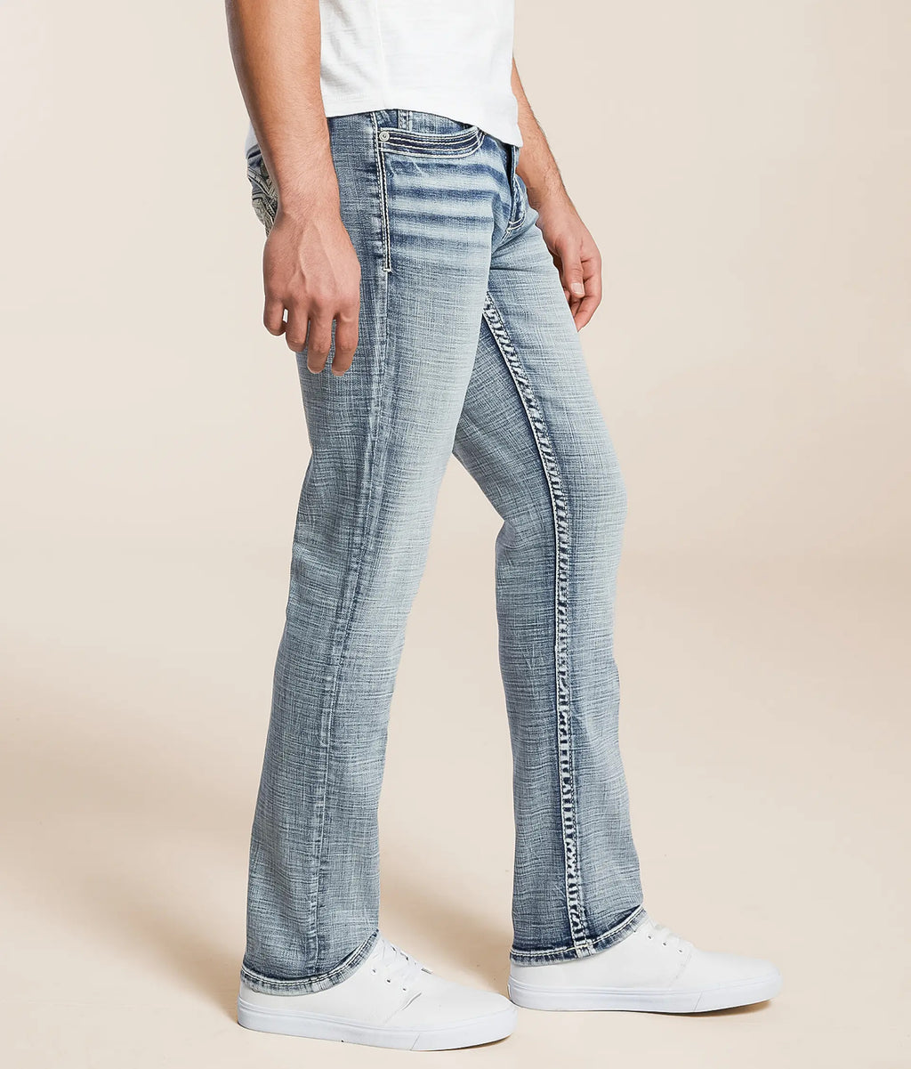 Side view of Tapered Stretch Jeans for Men in light wash with a slim fit design and stylish detailing