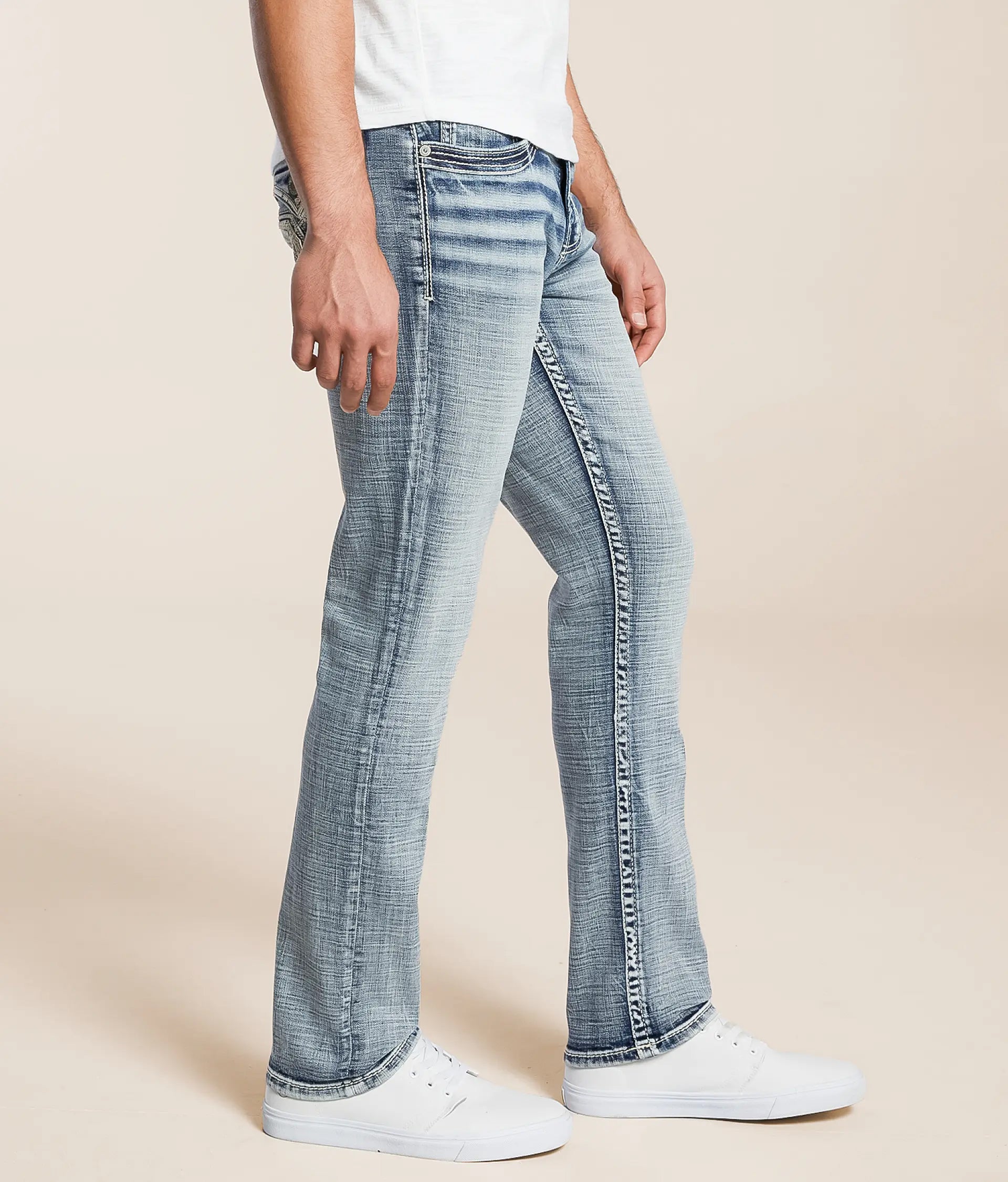 Side view of Tapered Stretch Jeans for Men in light wash with a slim fit design and stylish detailing