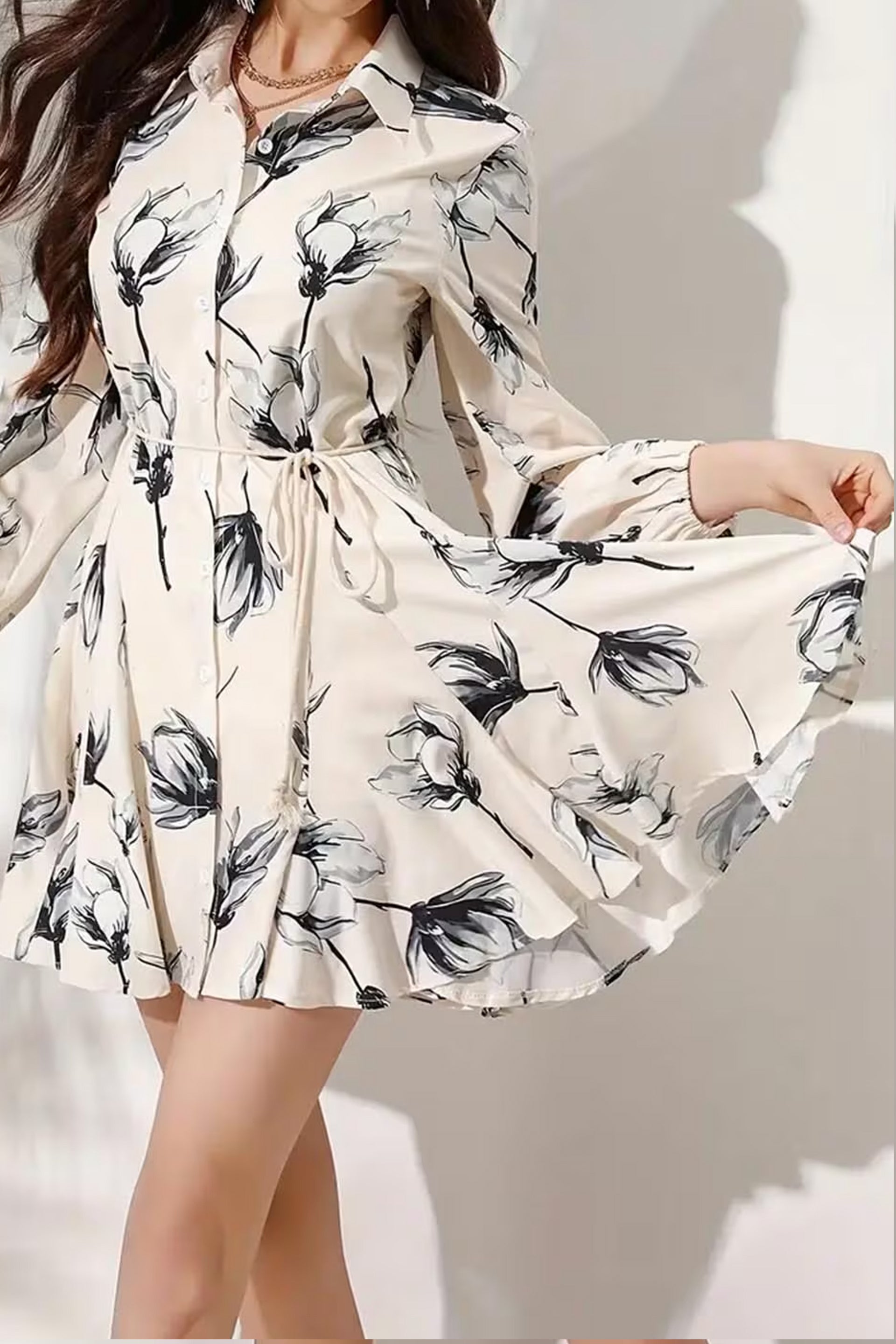 Floral A-line dress by Dirtylabels for women, perfect for spring occasions, featuring a button-up design