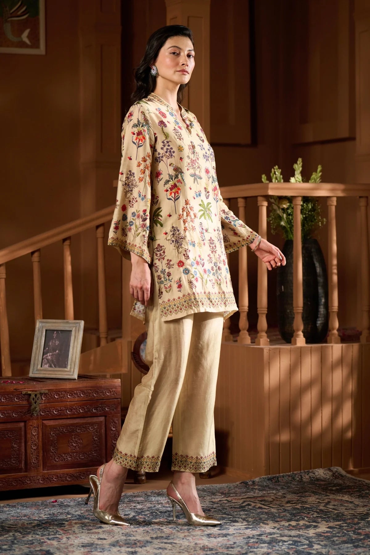 Elegant beige co ord sets for women in India featuring floral embroidery and stylish silhouette