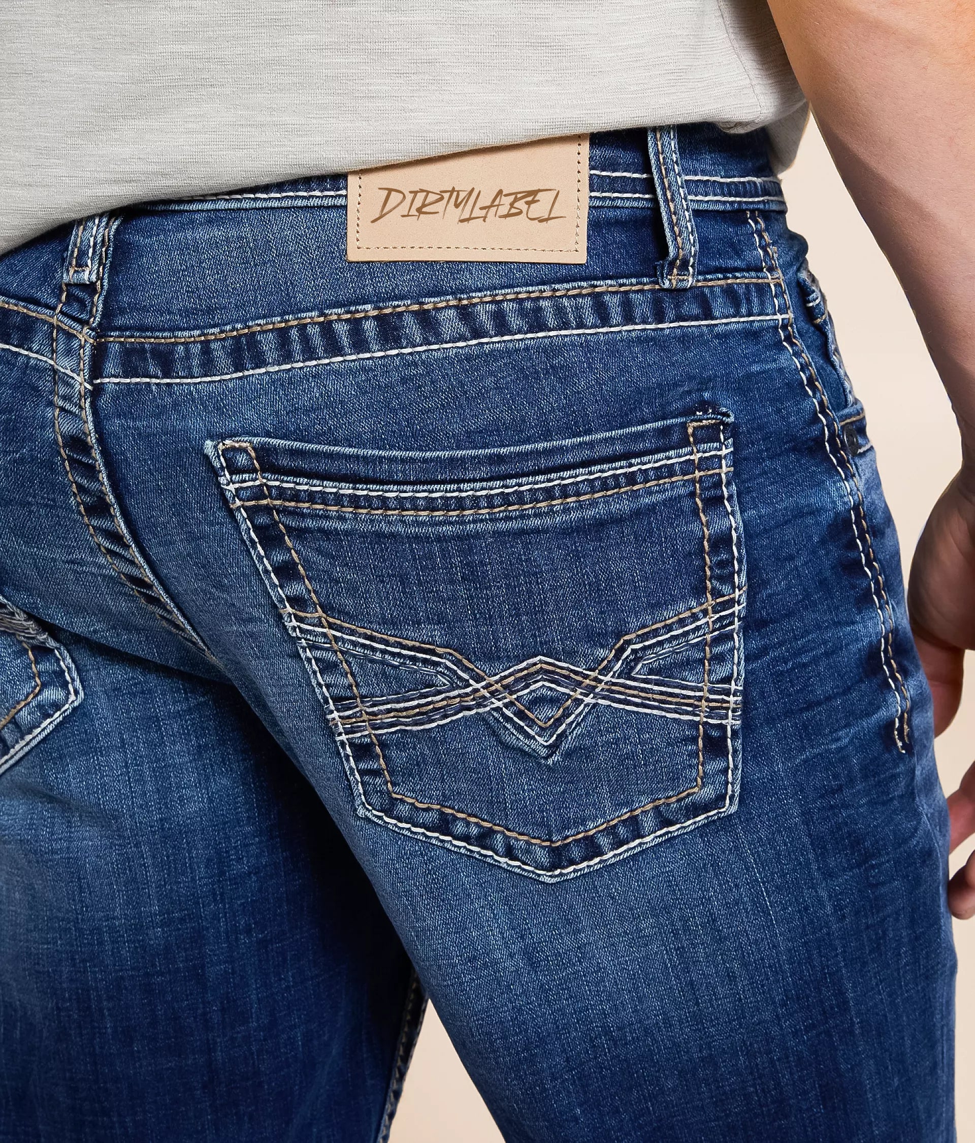 Close-up of Dirtylabels straight stretch jeans showcasing pockets and detailing. Buy straight stretch jeans online.