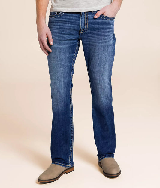Men's straight stretch jeans in blue with faded detail, perfect for comfort. Buy straight stretch jeans online.