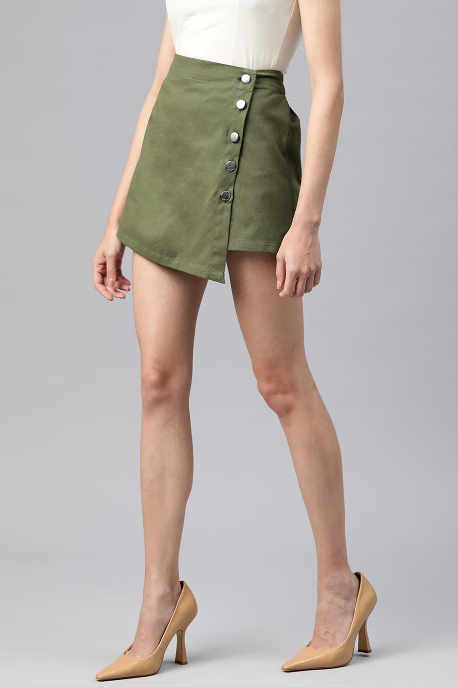 Stylish green women's skort with button details perfect for casual outfits, buy women's skorts online India