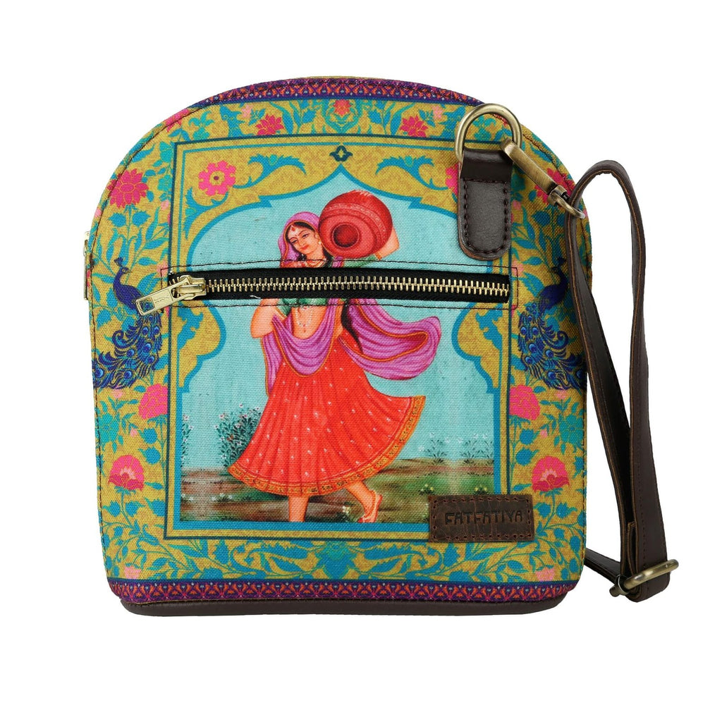 Colorful Fatfatiya canvas crossbody bag India featuring traditional artwork and adjustable strap