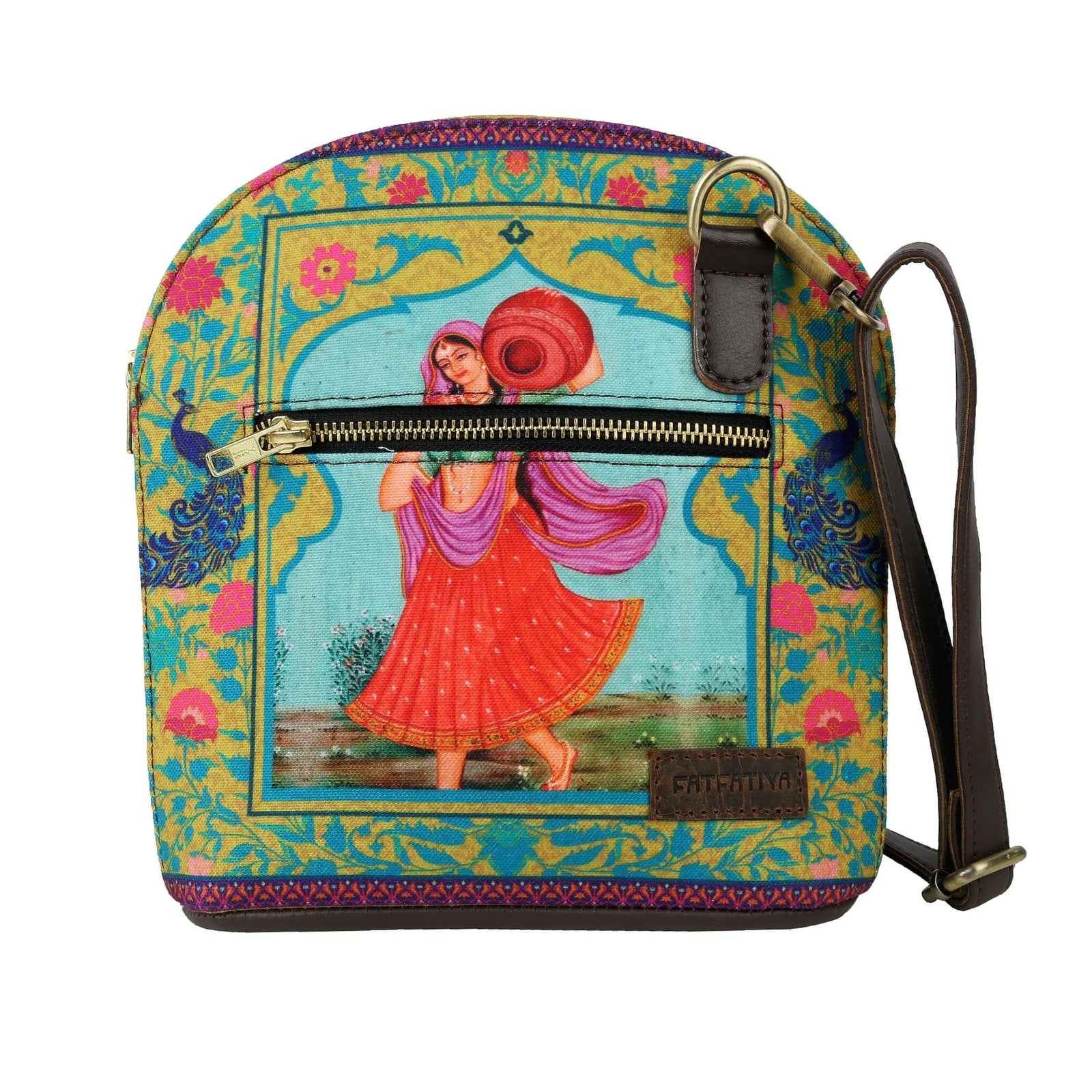 Colorful Fatfatiya canvas crossbody bag India featuring traditional artwork and adjustable strap