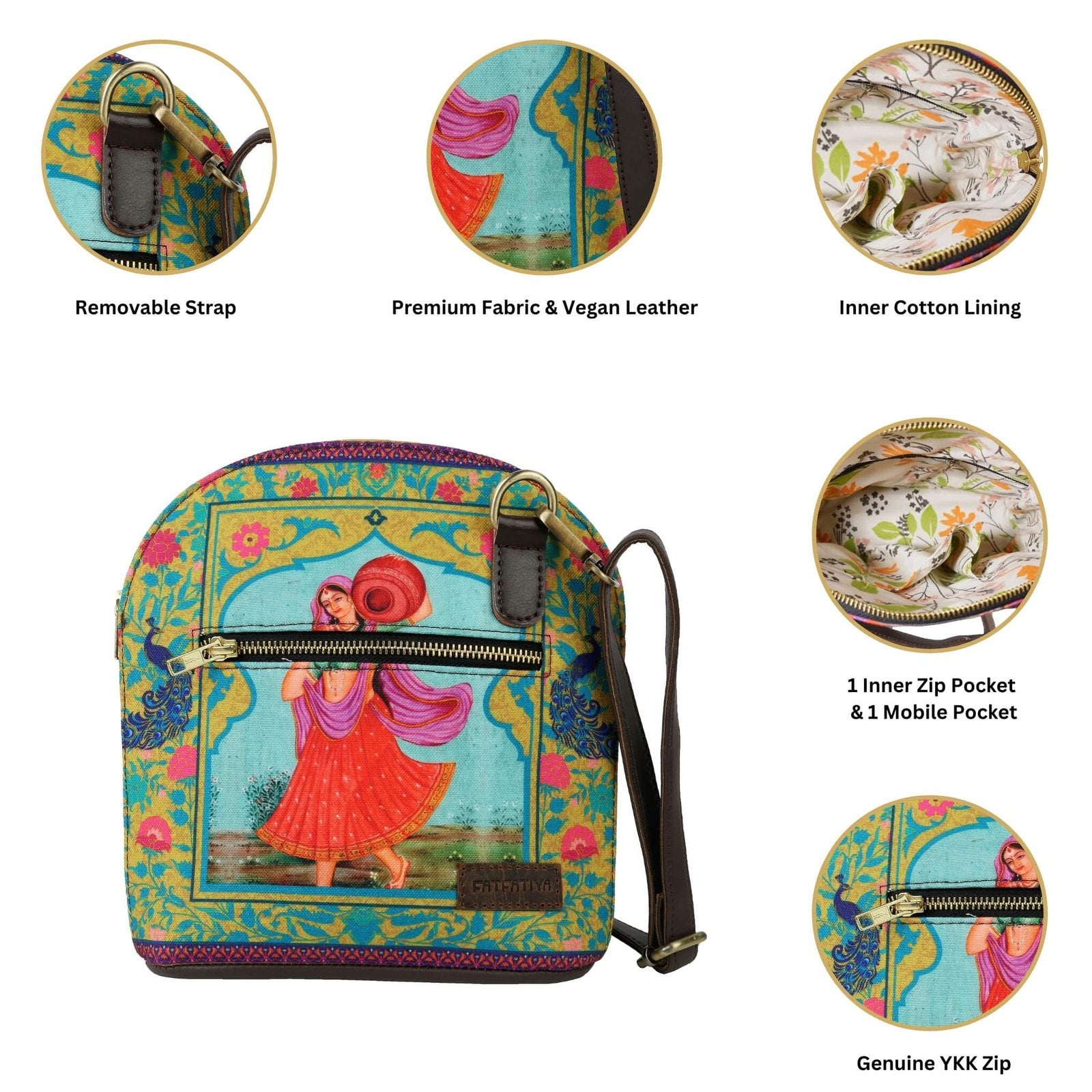 Colorful canvas crossbody bag India with removable strap and inner cotton lining