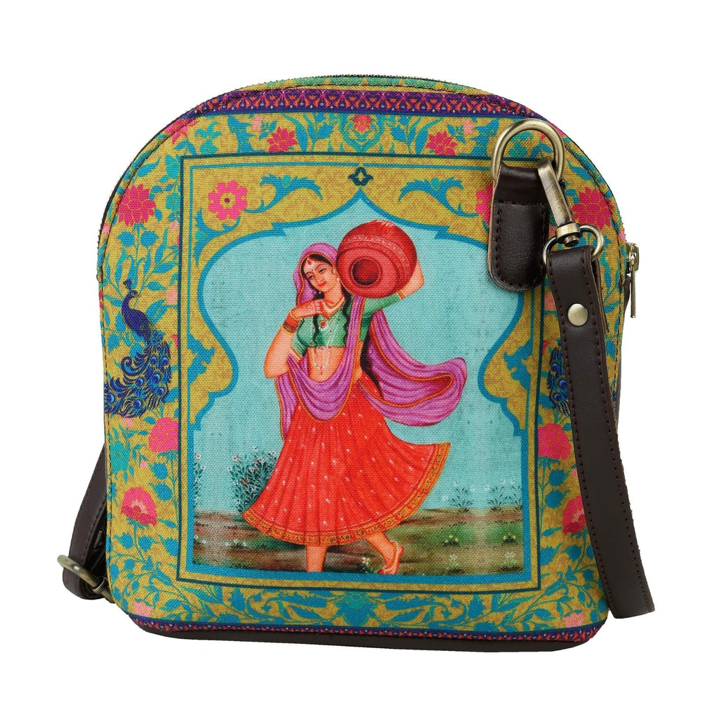 Fatfatiya vibrant canvas crossbody bag India featuring traditional artwork and adjustable strap
