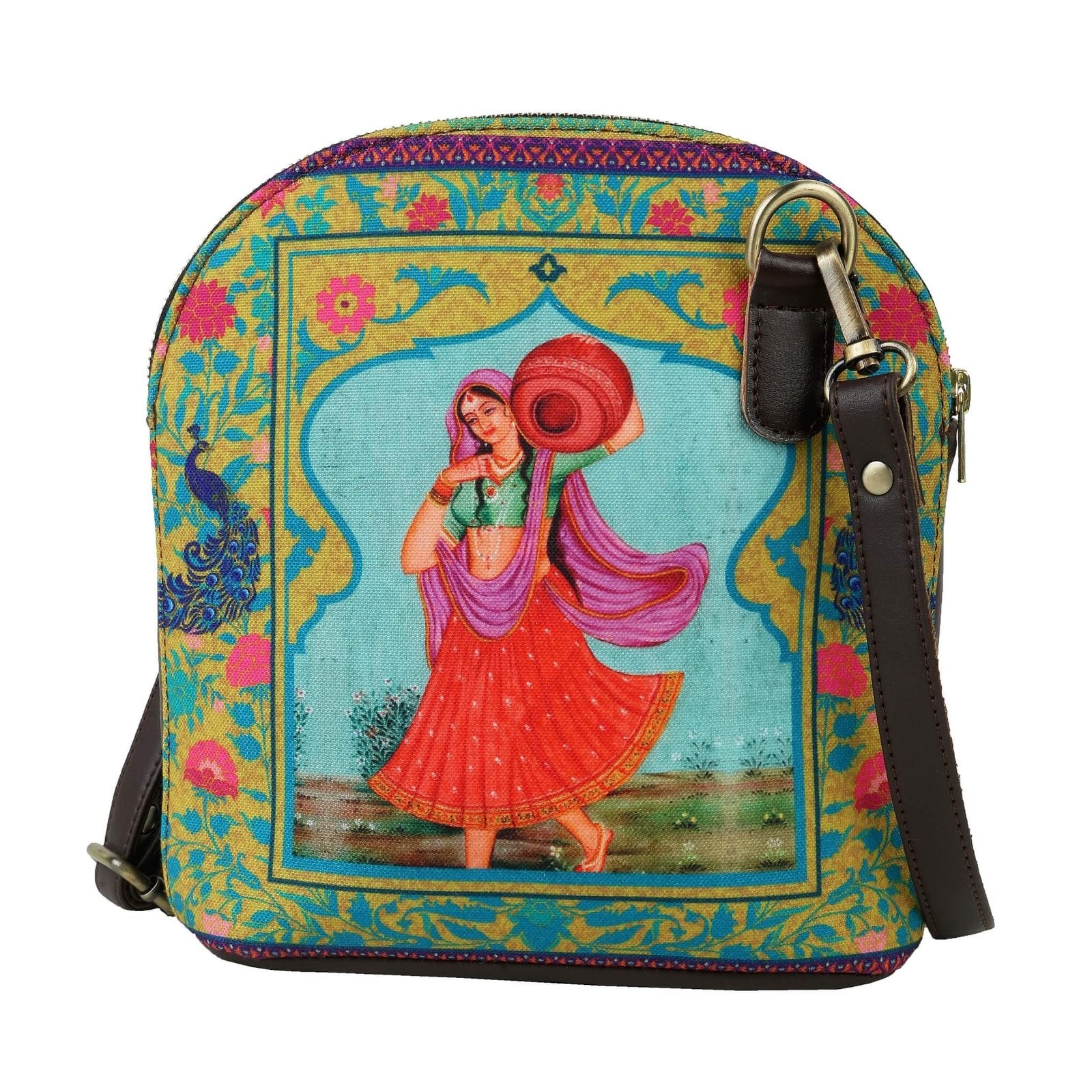 Fatfatiya vibrant canvas crossbody bag India featuring traditional artwork and adjustable strap