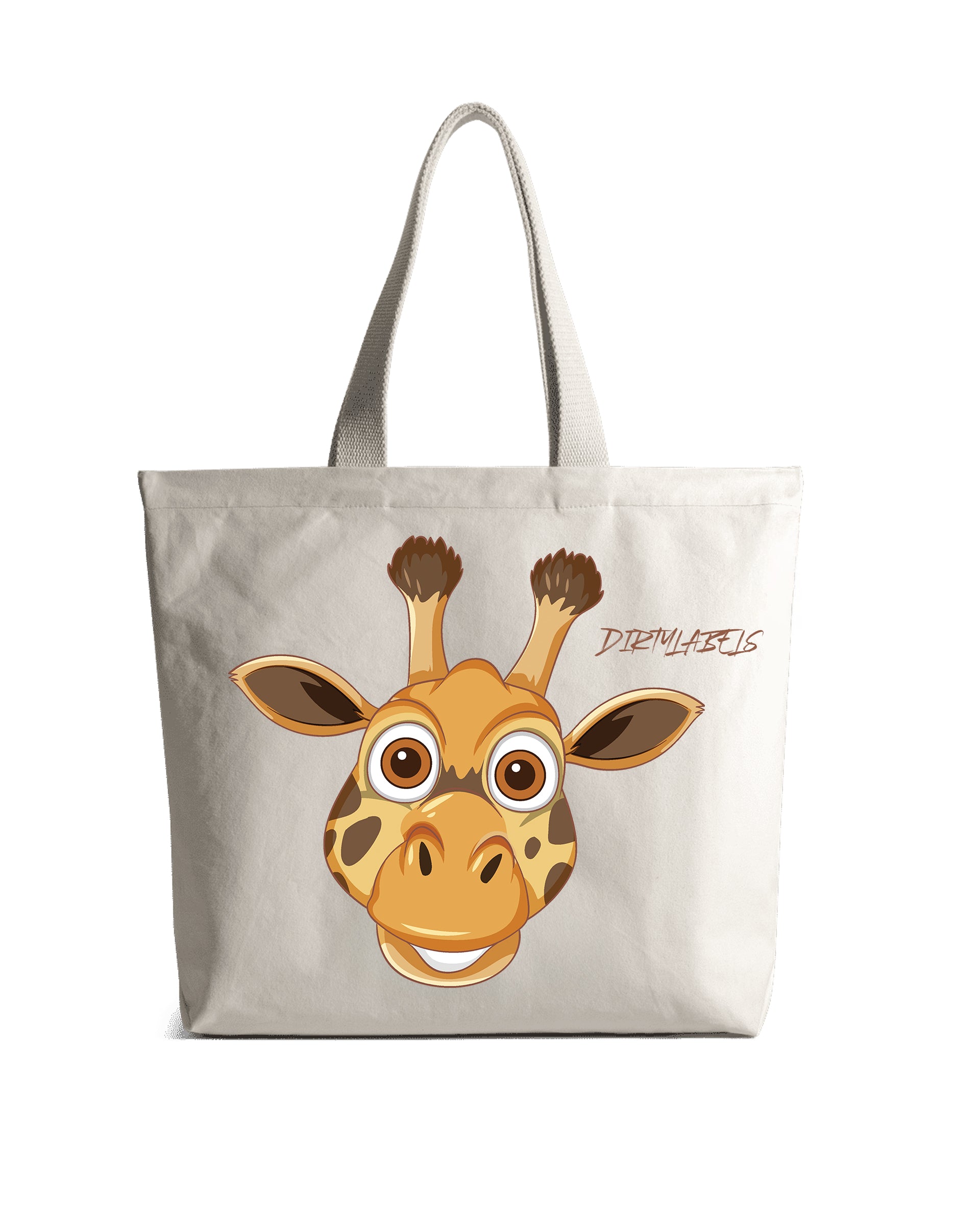 Canvas tote with giraffe design featuring a playful giraffe face in bright colors