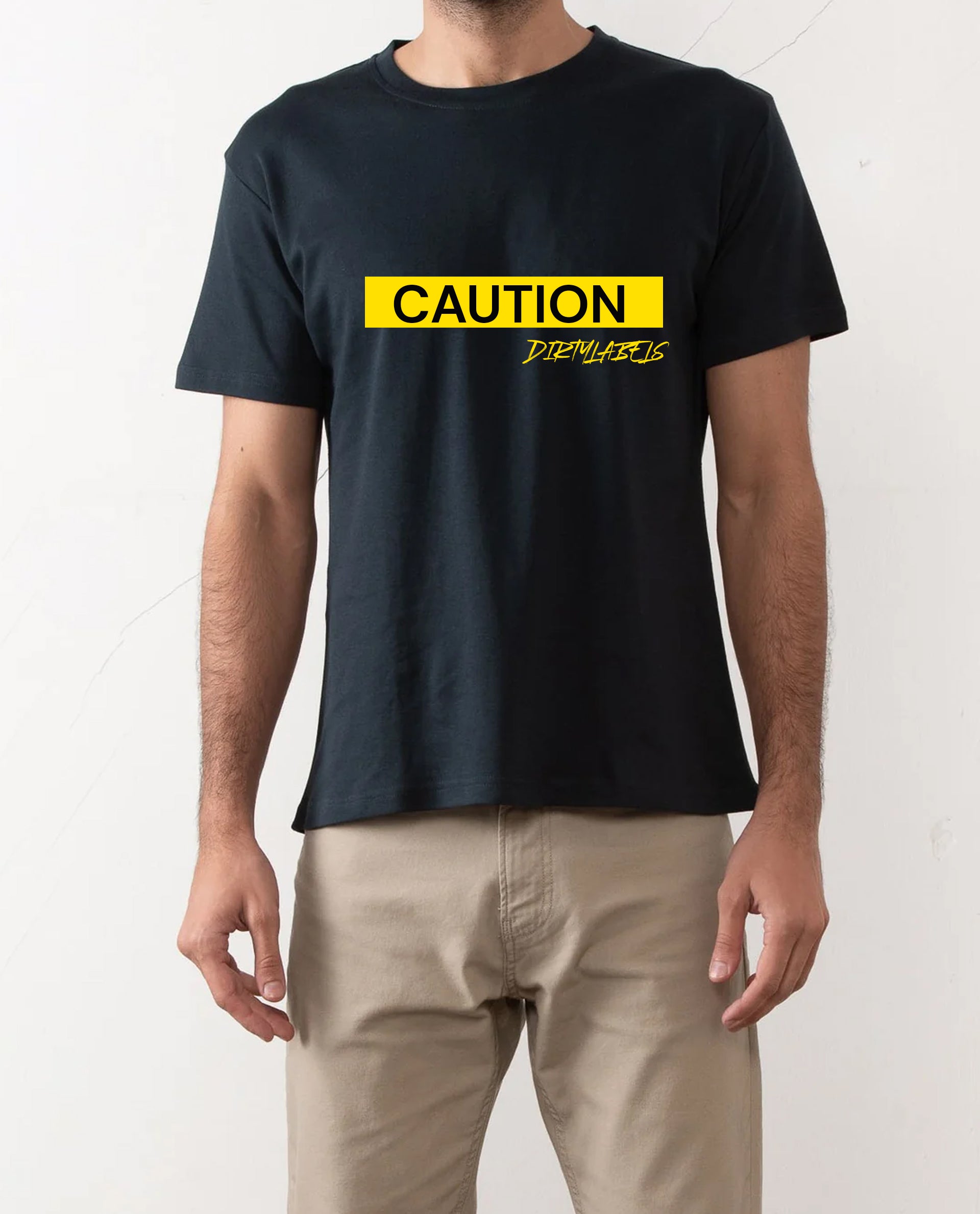 Dirtylabels Casual Black Tee for Men with Yellow Caution Graphic Print on Front