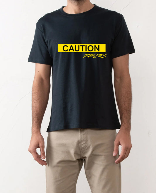 Dirtylabels Casual Black Tee for Men with Yellow Caution Graphic Print on Front