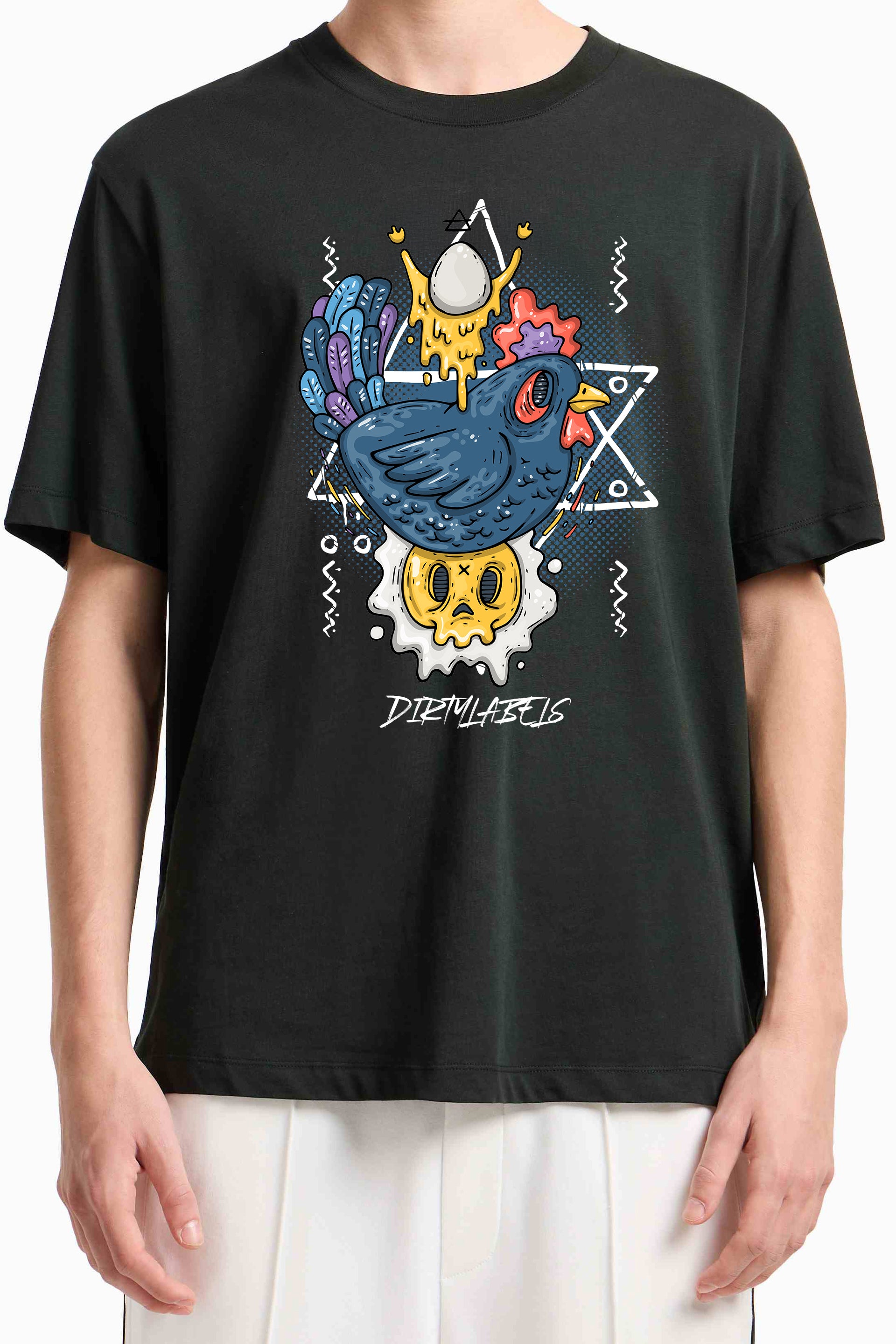 Black Casual Fashion T-Shirt India featuring unique graphic design with a chicken and colorful elements