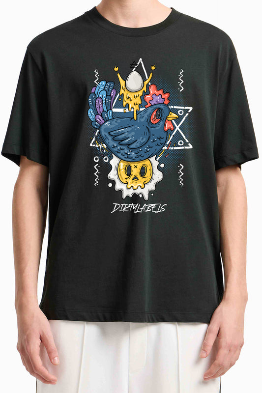 Black Casual Fashion T-Shirt India featuring unique graphic design with a chicken and colorful elements
