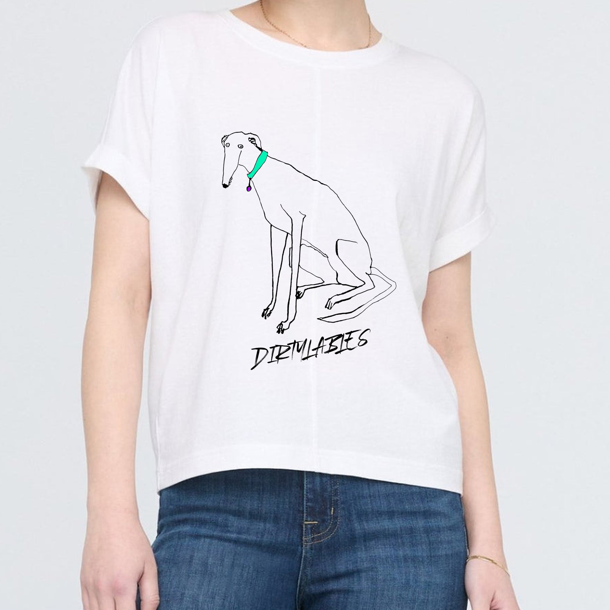 White casual pet lover shirt featuring a stylish greyhound illustration by Dirtylabels