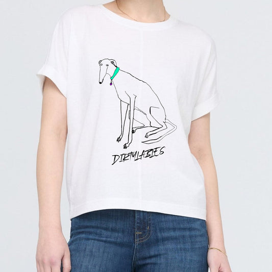 White casual pet lover shirt featuring a stylish greyhound illustration by Dirtylabels