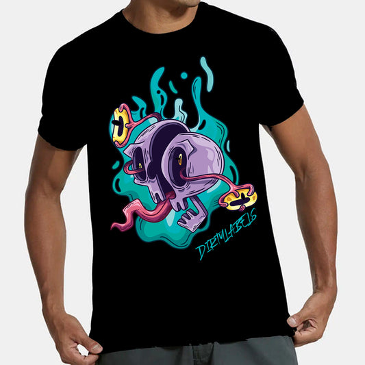 Black T-shirt with Casual Streetwear Design featuring a colorful skull graphic and vibrant accents
