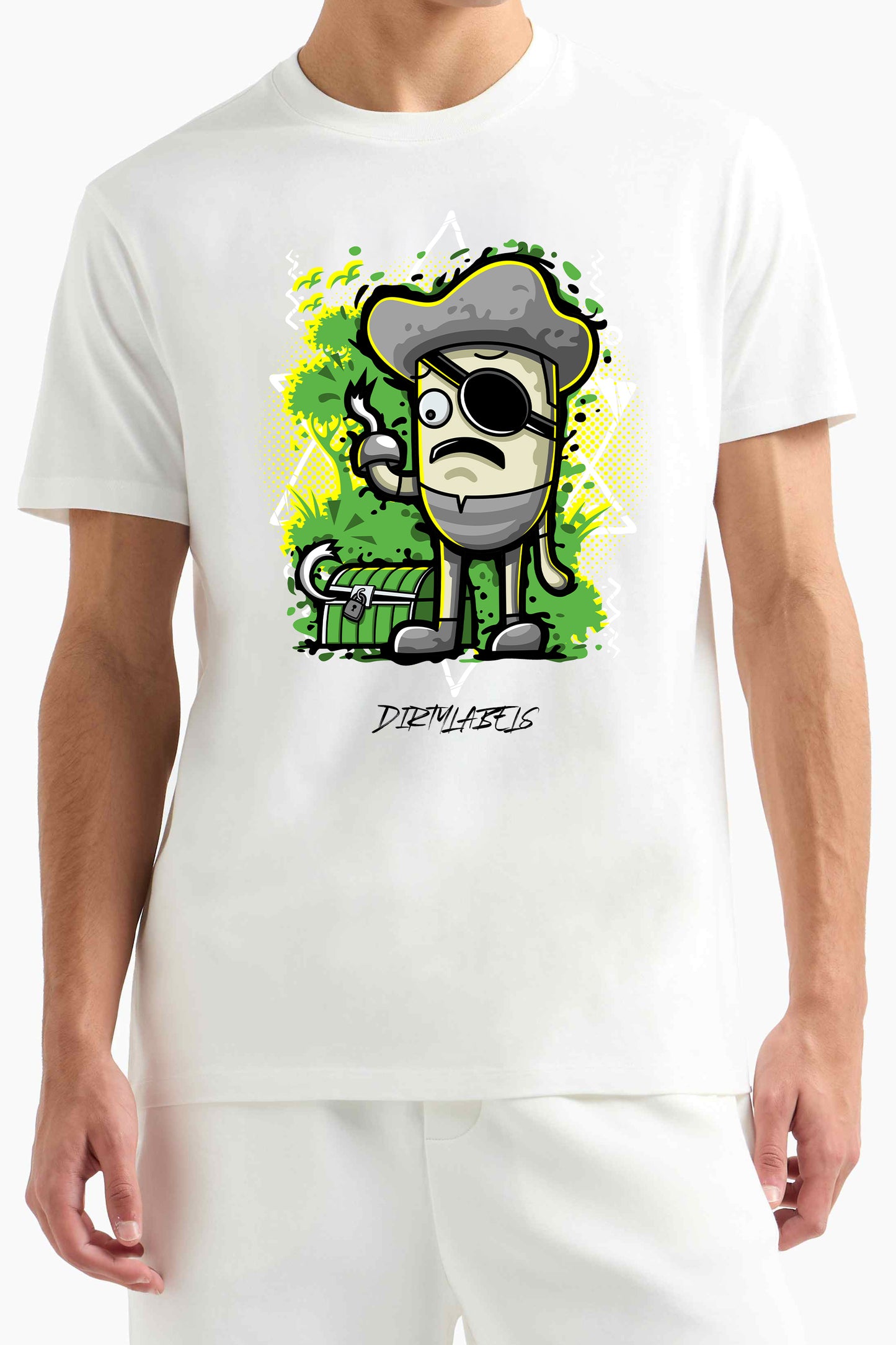 White Dirtylabels T-Shirt featuring a playful pirate character, perfect for casual streetwear India.