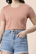 Casual summer tops women in blush pink with short sleeves and a cropped fit, perfect for warm weather