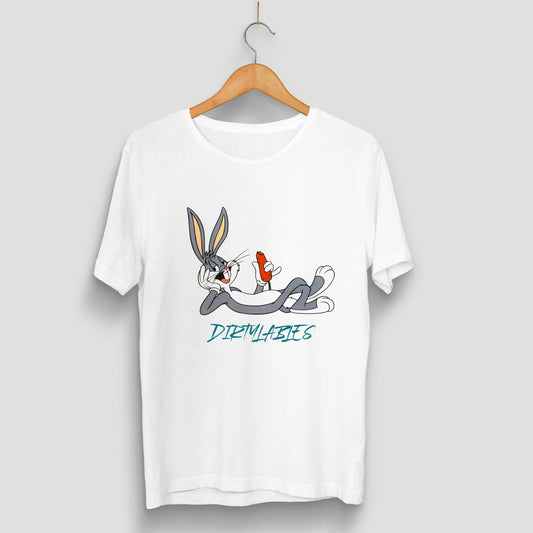Dirtylabels Casual White Tee for Men featuring a playful Bugs Bunny graphic design