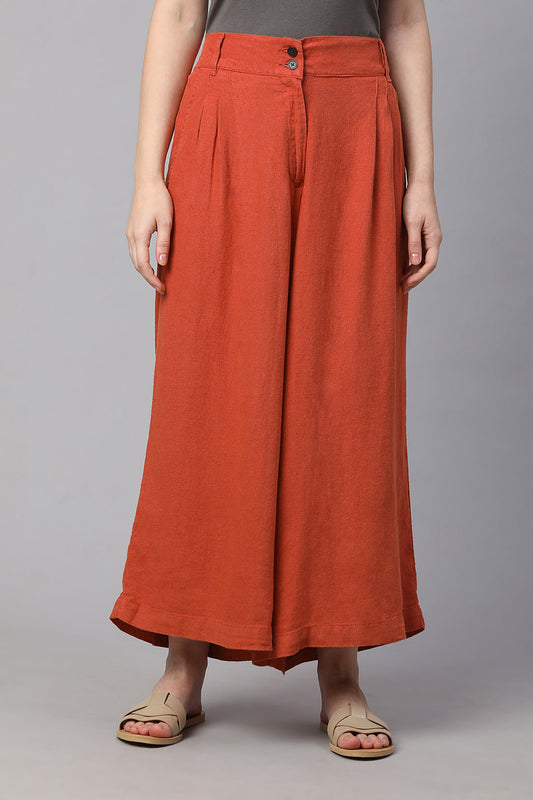 Dirty Labels Women's Regular Fit Culotte Pants in Rust Color with Pleated Design and Button Closure