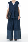 Stylish co-ord denim outfits online featuring a vest and wide-leg trousers in dark denim