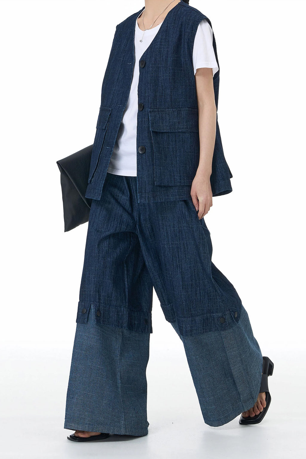 Stylish co-ord denim outfits online featuring a vest and wide-leg pants for a trendy look