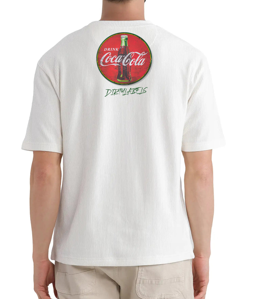 White Coca Cola branded t-shirt featuring a vintage logo on the back with DirtyLabels branding