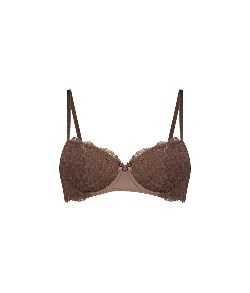 Lace brown comfortable support bra online with adjustable straps and a delicate bow detail