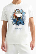 Dirtylabels Cool Dinosaur T-Shirt Featuring a Cartoon Viking and Dragon Design in White